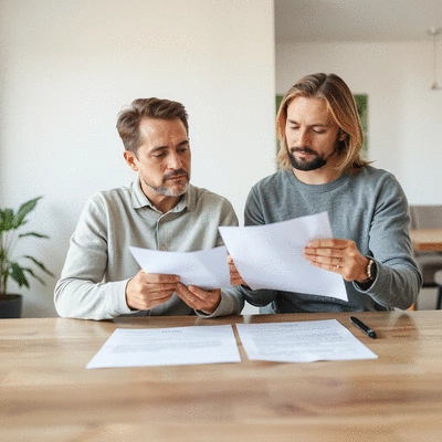 Couple reviewing divorce documents at home, focus on clarity and understanding