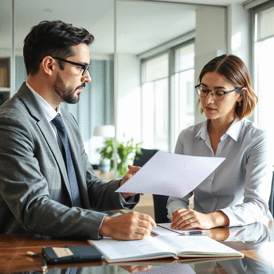 Lawyer and client discussing legal documents in a professional office setting