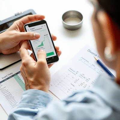 Person using a budgeting app on a smartphone, with a spreadsheet and pen on a table, representing financial planning