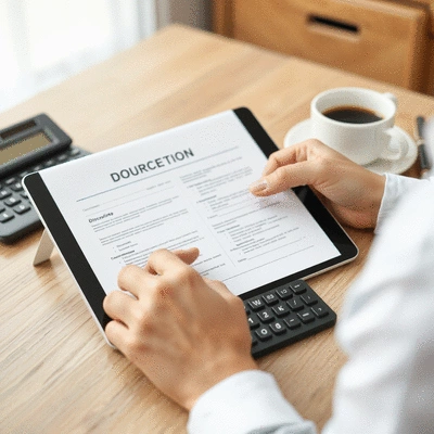 Person reviewing divorce documents and finances on a tablet, with a calculator and coffee on the desk